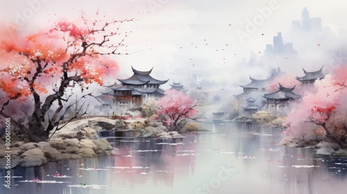 Fototapeta Naklejka Na Ścianę i Meble -  a picture river in the springtime and come across a city surrounded by blooming flowers