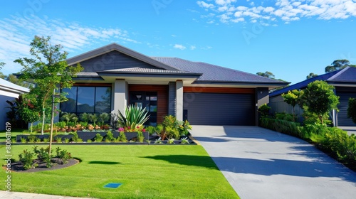Contemporary family house with a well-manicured lawn and vibrant garden, showcasing modern architecture and outdoor living