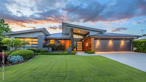 Captivating luxury home captured at dusk with warm interior lights and a beautifully maintained front lawn