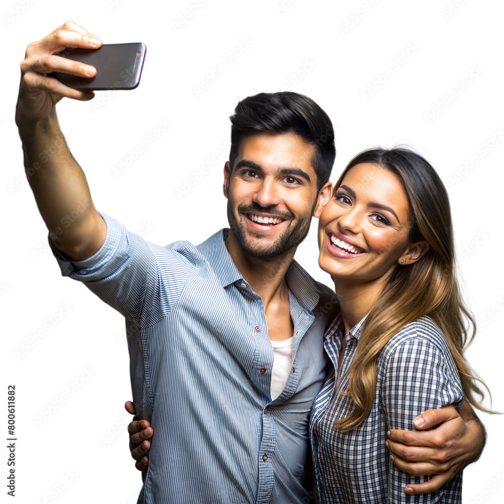 Couple Taking a Selfie With a Smartphone on Transparent Background Couple Taking a Selfie With a Smartphone on Transparent Background