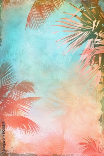 This image features intensely colored palm leaves with a cool toned, blue grungy textured backdrop, giving it a fresh and modern tropical feel