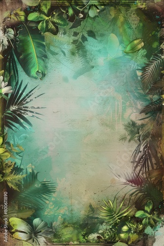 A vintage-style frame surrounded by lush green foliage and tropical textures  evoking a sense of adventure and exotic escapes