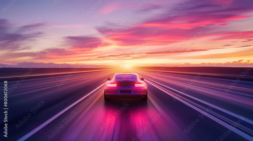 A striking image capturing the essence of motion as a car speeds down the highway under a dramatic sunset sky, symbolizing freedom and adventure