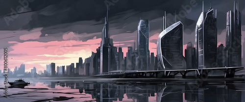 A dramatic panoramic view of a futuristic city skyline at dusk with skyscrapers and water reflections