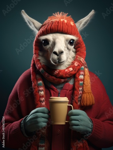 a picture llama with warm red coat and a cup photo