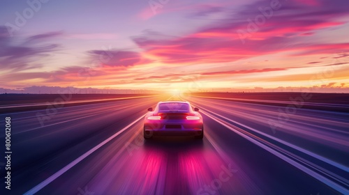 A striking image capturing the essence of motion as a car speeds down the highway under a dramatic sunset sky, symbolizing freedom and adventure photo