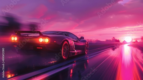 This image showcases a sleek black sports car racing on a track, with a sense of speed and performance photo
