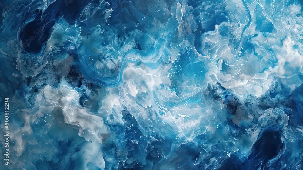A mesmerizing image of icy blue swirls and waves, resembling an abstract fluid art piece with a cool and calming effect