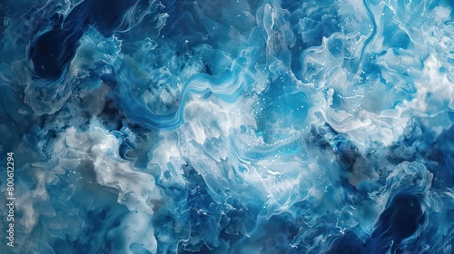 A mesmerizing image of icy blue swirls and waves  resembling an abstract fluid art piece with a cool and calming effect