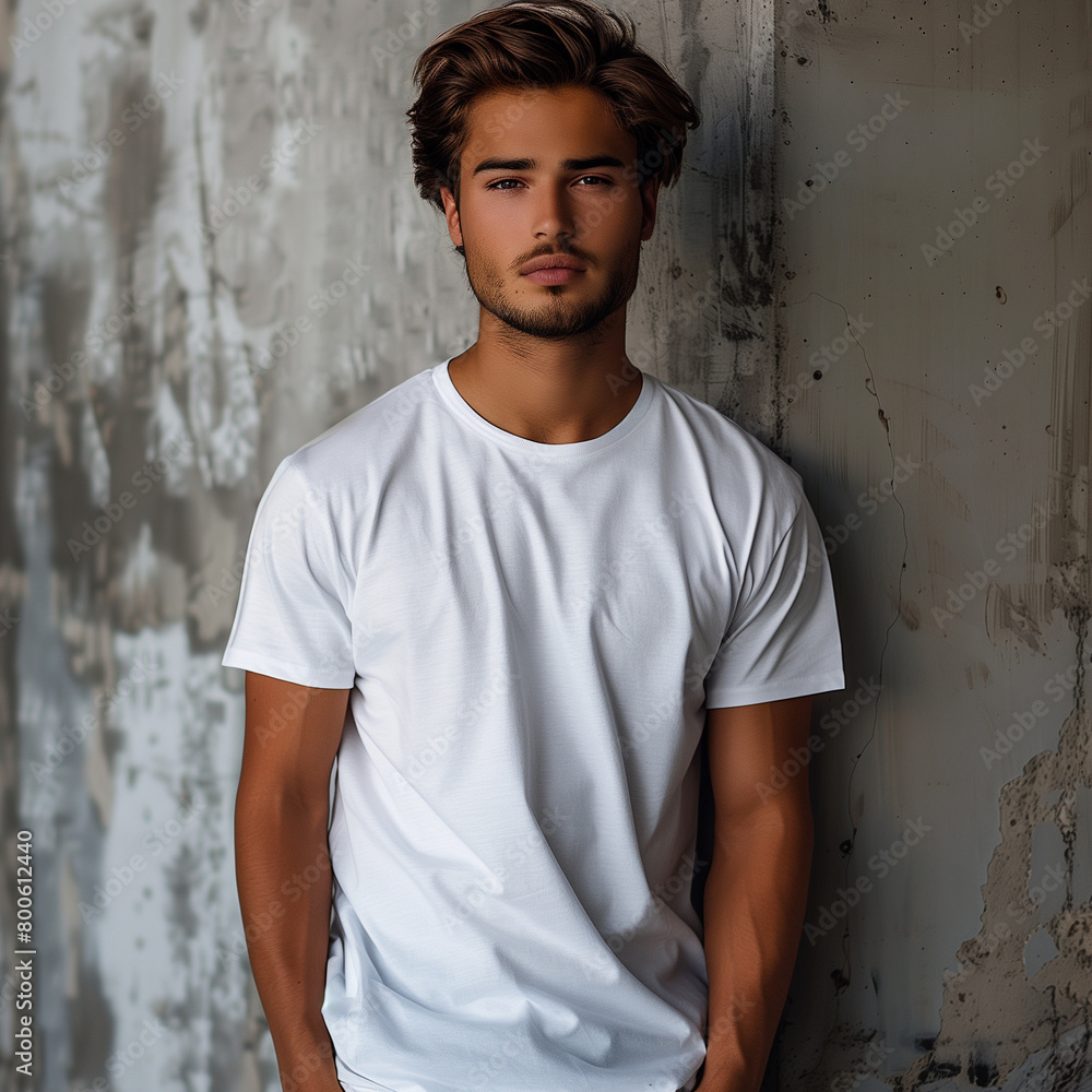Handsome man model plain flat smooth white, strong man in a blank white shirt for a mockup Handsome man model plain flat smooth white, strong man in a blank white shirt for a mockup