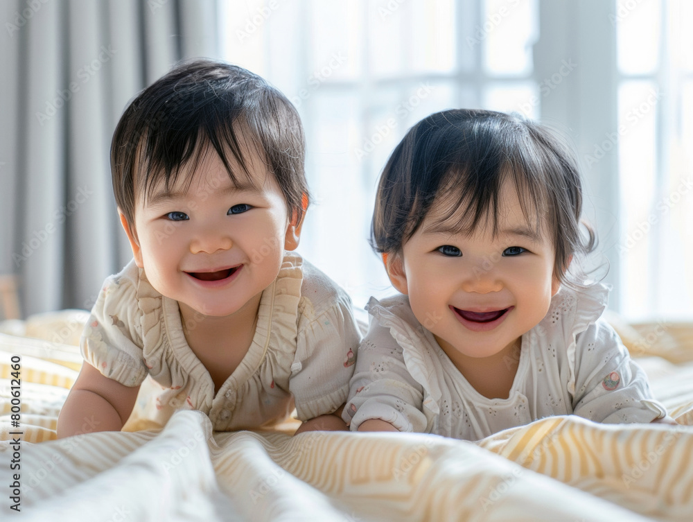Two cute Asian toddlers, sister and brother, are smiling and looking at the camera on bed at home. Bright bedroom interior. Two cute Asian toddlers, sister and brother, are smiling and looking at the camera on bed at home. Bright bedroom interior.