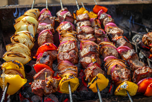 Shashlik kebab, appetizing meat skewers and vegetable skewers outdoors. Grilled meat