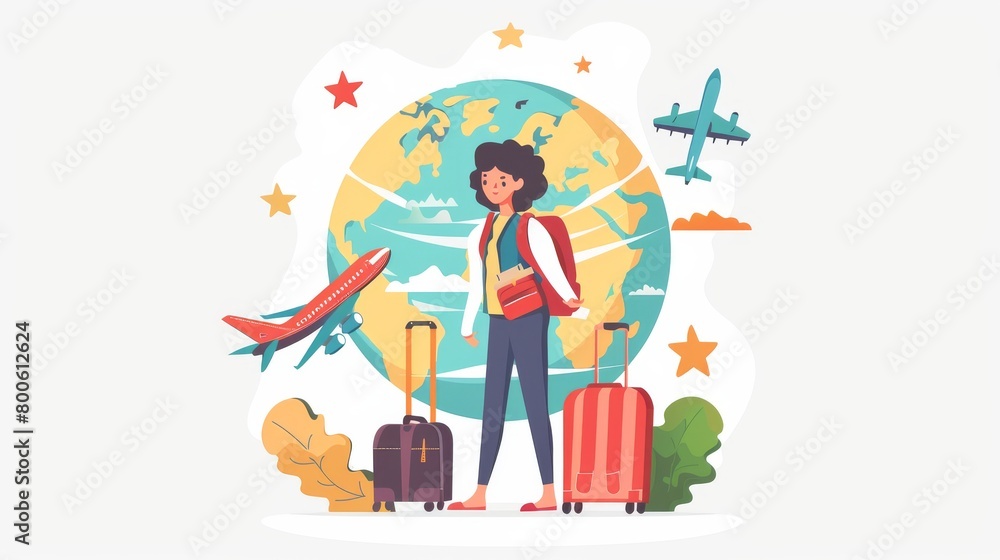 Travel agent woman. Young girl with globe and airplane, luggage. Assistant and consultant give advice for travelers and tourists. Cartoon flat vector illustration isolated on white background 