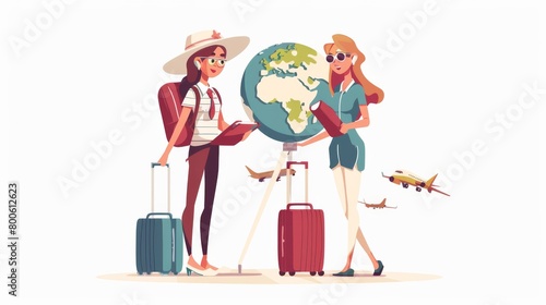 Travel agent woman. Young girl with globe and airplane, luggage. Assistant and consultant give advice for travelers and tourists. Cartoon flat vector illustration isolated on white background 