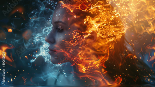 Double exposure portrait of fire woman, nature, element concept