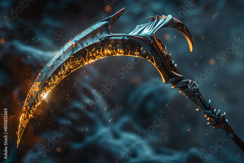 Gleaming battle scythe poised for the strike, its blade reflecting the light with deadly precision. photo