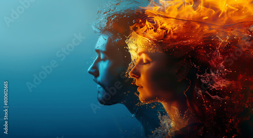 Double exposure portrait profile of kissing couple, woman and man with fire and water element