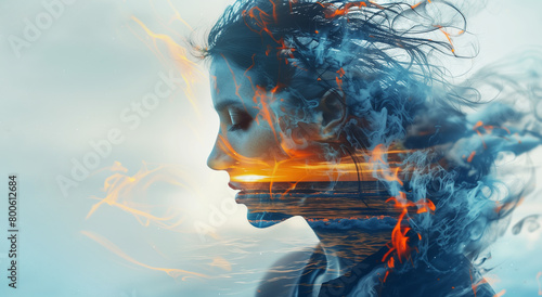 Double exposure portrait profile of calm thoughtful young woman with element water style, sea waves