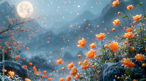 Moonlit Garden:Blooming Flowers,Fireflies,and Ethereal Atmosphere