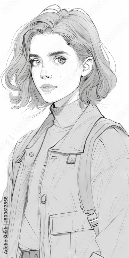 Sketch of a girl, coloring book black and white line art of a female character. Concept: fashion and style Sketch of a girl, coloring book black and white line art of a female character. Concept: fashion and style
