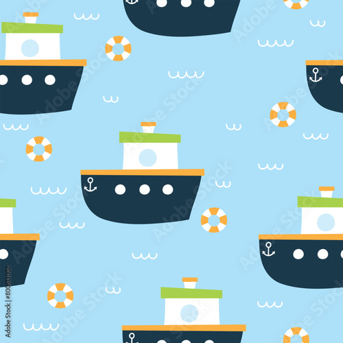 Cute summer seamless pattern. Marine texture with boats. Childish vector illustration.