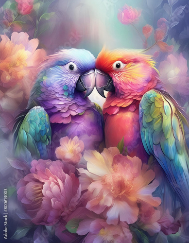 Kolorowe Papugi, akwarela. Generative AI © mycatherina