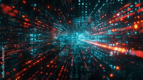 Immerse yourself in the digital realm with an abstract background depicting technology, data analysis, and access to digital data. This 3D rendering features a cyberspace filled with particles and net