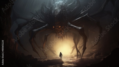 a photo giant monster spider is confronting someone in the dark