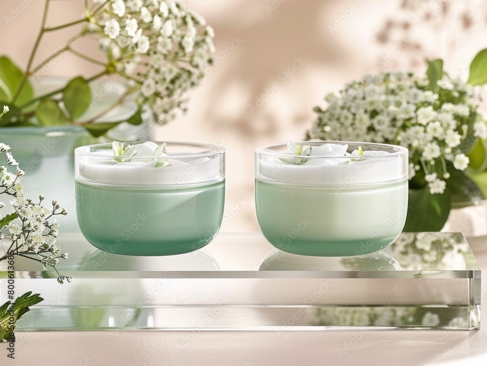 Natural skin care products presented in a clear glass stand, coordinated with soothing pastel colors and botanical elements.