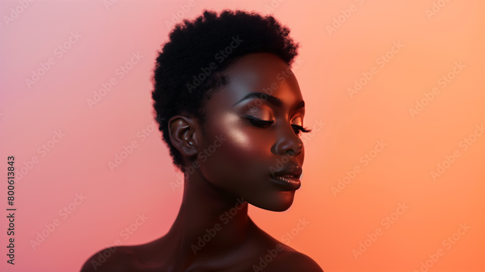 Dynamic Close-Up Shots of Black Model Showcasing Makeup Looks in short curl African American hair against a plain, neutral background Dynamic Close-Up Shots of Black Model Showcasing Makeup Looks in short curl African American hair against a plain, neutral background
