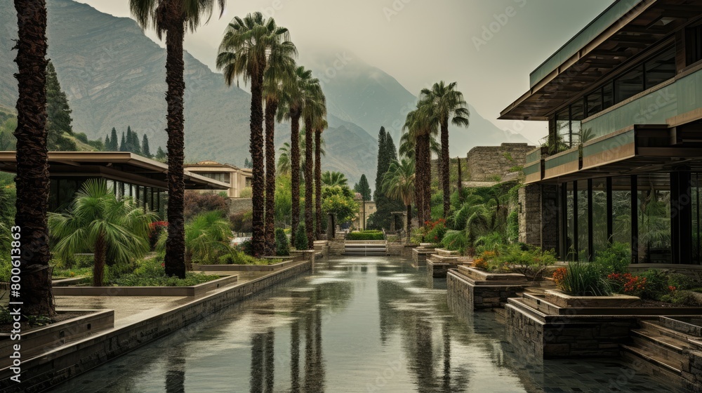 a illustration museum mountainside palm trees sun showers springs hotel raining pouring