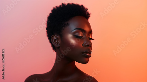 Dynamic Close-Up Shots of Black Model Showcasing Makeup Looks in short curl African American hair against a plain, neutral background photo