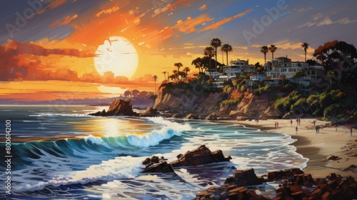 A illustration Vibrant Ink Oil Painting, small seaside town with a fountain, trees, beach, waves, white water, ocean, sunset, clouds, hyper detailed, cinematic lighting, saturated contrast