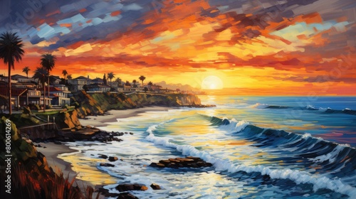 A image Vibrant Ink Oil Painting, small seaside town with a fountain, trees, beach, waves, white water, ocean, sunset, clouds, hyper detailed, cinematic lighting, long shadows, saturated contrast