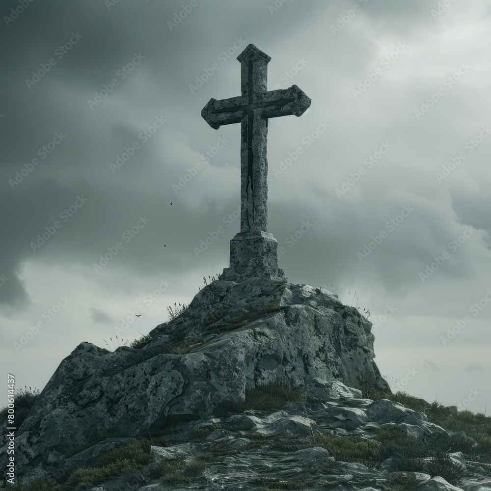 Large stone cross on top of a hill. Large stone cross on top of a hill.