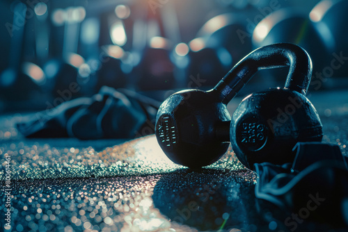 Close-up on kettlebells and athletic gloves photo