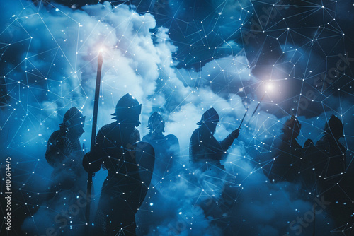 Cloud security warriors wielding firewalls and encryption spells in a digital battleground