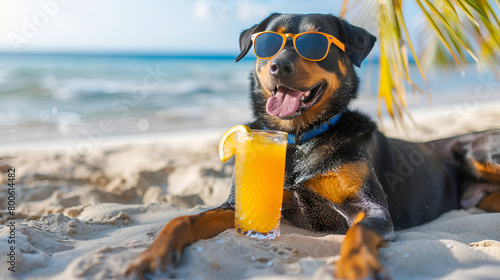 Beauceron Dog Relaxing on the Beach Sand, Wearing Sunglasses on a Seaside Summer Retreat