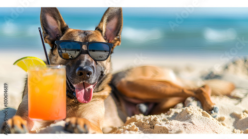 Belgian Malinois Dog on a Summertime Retreat, Laying on the Beach Sand Wearing Sunglasses © Dawid