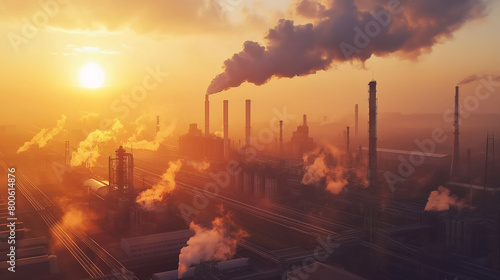 A Misty Morning Light Wraps The Industrial Plant In A Warm Golden Sunrise photo