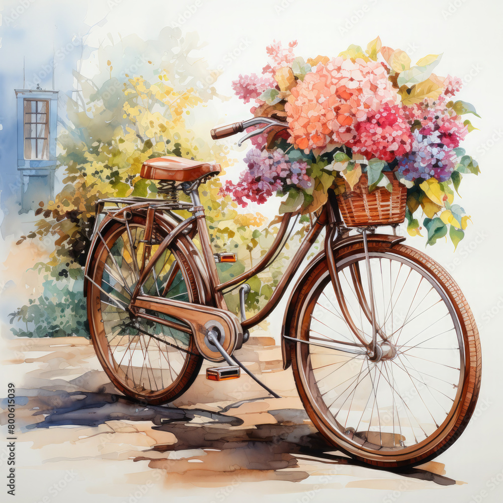 Watercolor painting of a womans bicycle with a basket of flowers and colorful flowers, clipart Illustration, Generative Ai