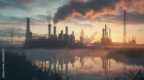 Misty Dawn Caresses The Water's Surface, Reflecting The Industrious Horizon Of A Chemical Plant At Sunrise