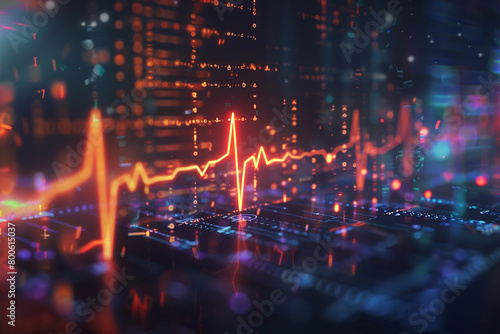 Detailed shot of a heartbeat signal amid AI coding illustrating the integration of technology and wellness 