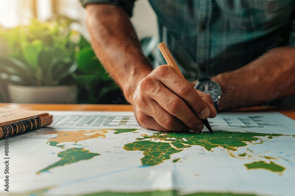 Detailed view of a hand outlining a green supply chain on a paper, with a world map in the background Detailed view of a hand outlining a green supply chain on a paper, with a world map in the background