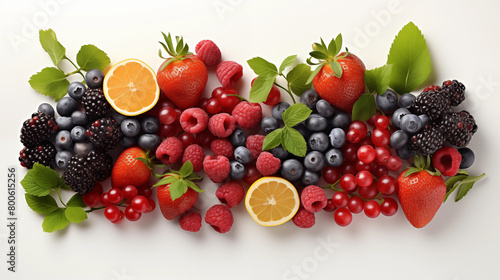 Set of fresh berries laid out on a white background  top view