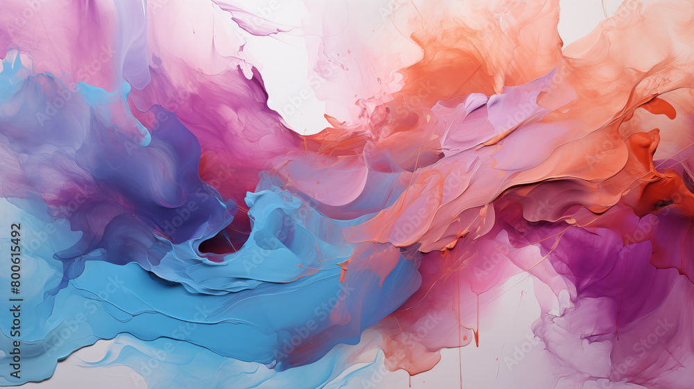 Abstract painting in pink and blue colors on white canvas, artistic background