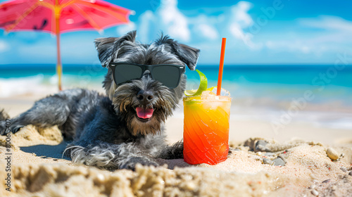Bouviers des Flandres Dog Soaking up the Summer Sun, Laying on the Beach with Sunglasses During Vacation photo