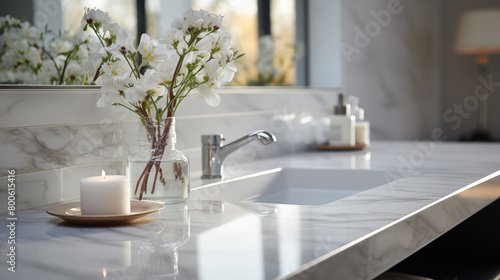Empty marble countertop in bathroom with faucet  background for cosmetic  cleaning products