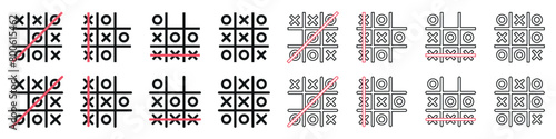 Set of tic tac toe game icons. Noughts and crosses, competition, classic game board, template tic tac toe. Vector. EPS10.