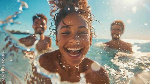 Joyful friends having fun at the beach. Group of happy young friends laughing and splashing water while enjoying a sunny day together at the seaside. © Natasa